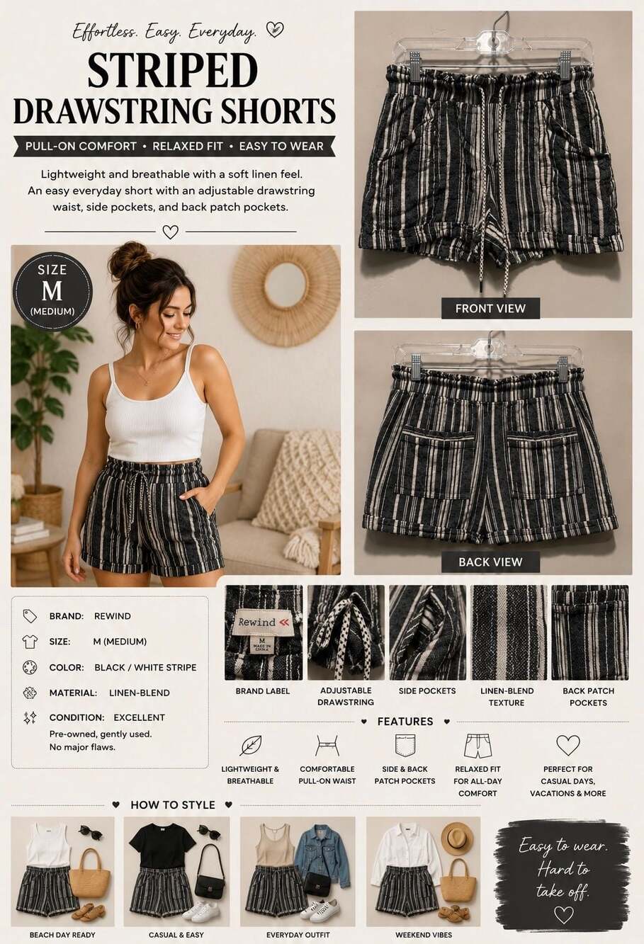 Rewind Striped Linen-Blend Drawstring Paperbag Shorts